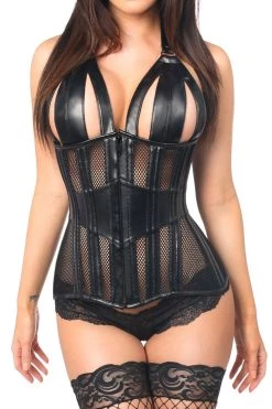 Daisy Corsets Faux Leather & Fishnet Steel Boned Halter Corset