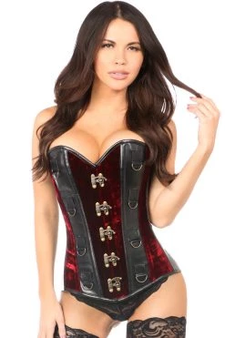Daisy Corsets Red Velvet & Faux Leather Steel Boned Corset*