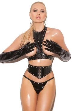 Elegant Moments BDSM Lingerie Vinyl Cupless Top, Waist Cincher, & G String Panty