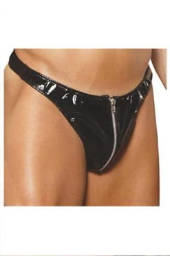Elegant Moments Men's Zip Up Black Vinyl Thong Male Thongs