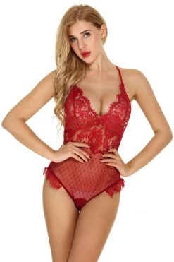 3WISHES Lingerie Dotted Mesh And Lace Teddy