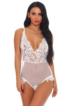 3WISHES Lingerie Dotted Mesh And Lace Teddy