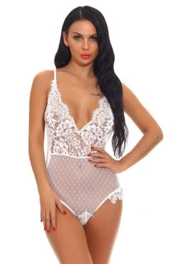 3WISHES Lingerie Dotted Mesh And Lace Teddy