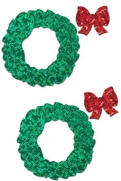 Pastease Peek-a-Boob Wreaths With Red Glitter Bows Nipple Pasties Christmas Lingerie