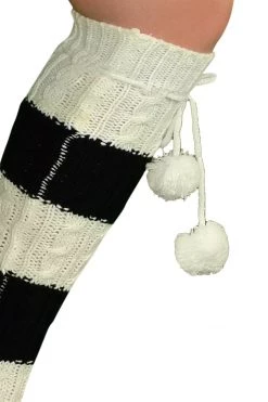 LO Brands Hosiery White/Black Knit Pom Pom Knee High Socks 9 LO Brands Hosiery White/Black Knit Pom Pom Knee High Socks
