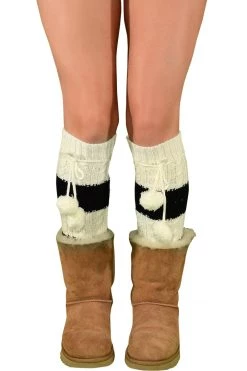 LO Brands Hosiery White/Black Knit Pom Pom Knee High Socks 10 LO Brands Hosiery White/Black Knit Pom Pom Knee High Socks
