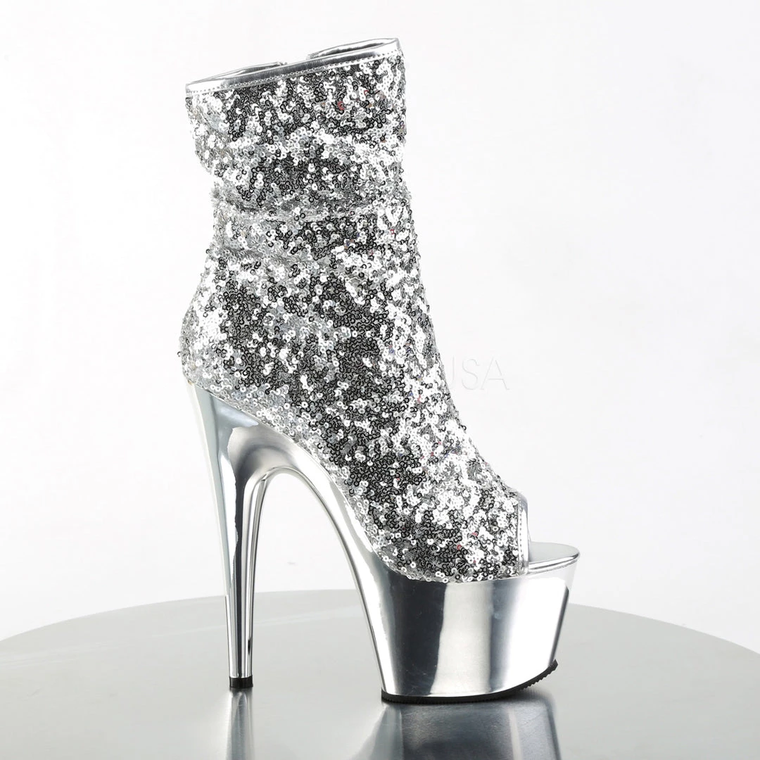 Pleaser 7" Heel Silver Sequin Peep Toe Ankle Boot* 6 Pleaser 7" Heel Silver Sequin Peep Toe Ankle Boot*
