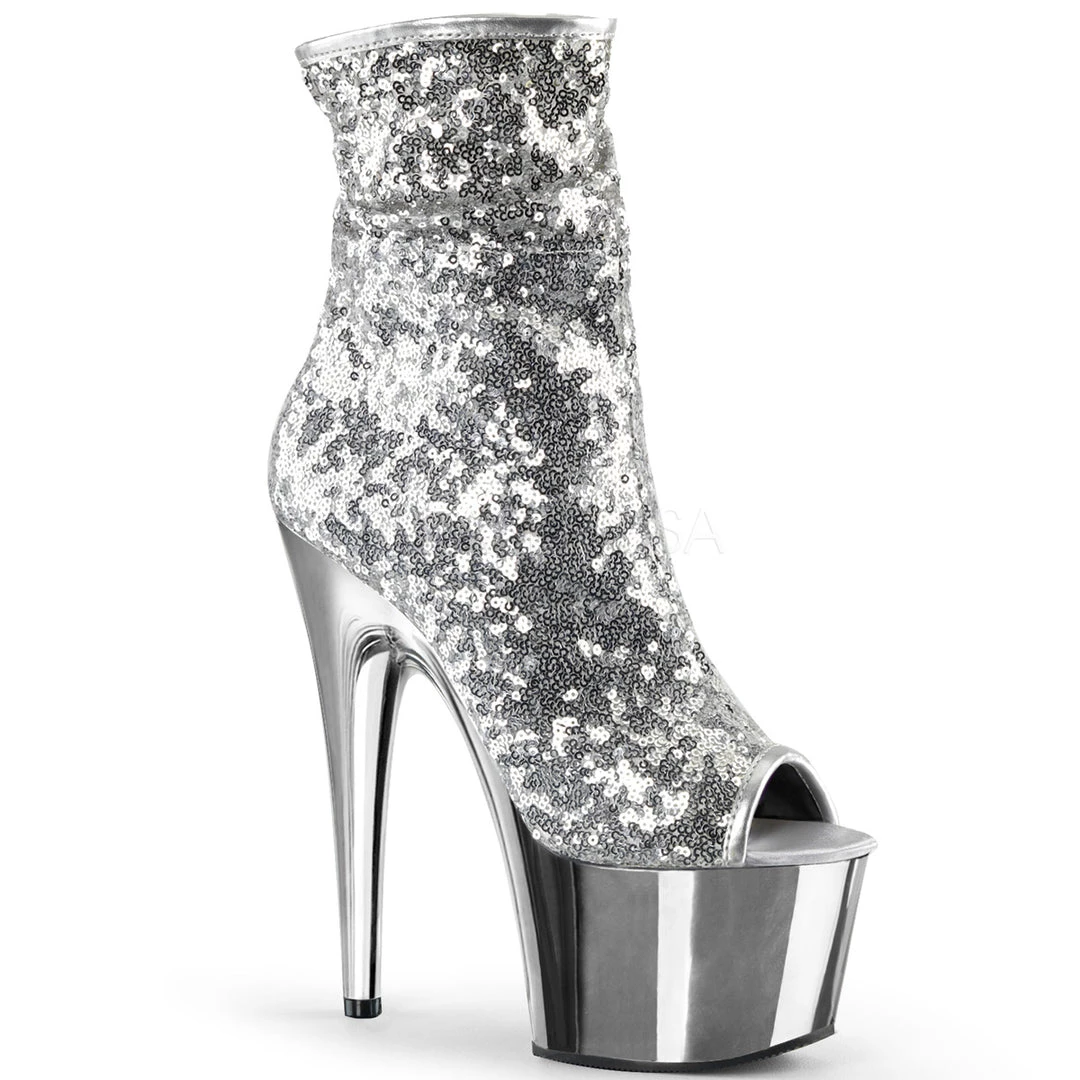 Pleaser 7" Heel Silver Sequin Peep Toe Ankle Boot* 3 Pleaser 7" Heel Silver Sequin Peep Toe Ankle Boot*
