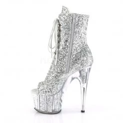 Pleaser Shoes 7" Heel Silver Glitter Peep Toe Lace-Up Ankle Boot*