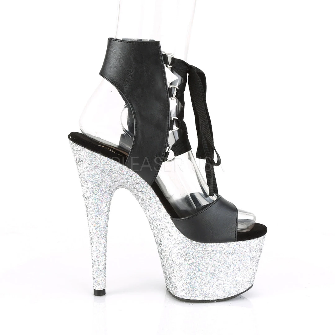 Pleaser 7" Heel Black Glitter Lace-Up Sandal Platform Shoes* 6 Pleaser 7" Heel Black Glitter Lace-Up Sandal Platform Shoes*