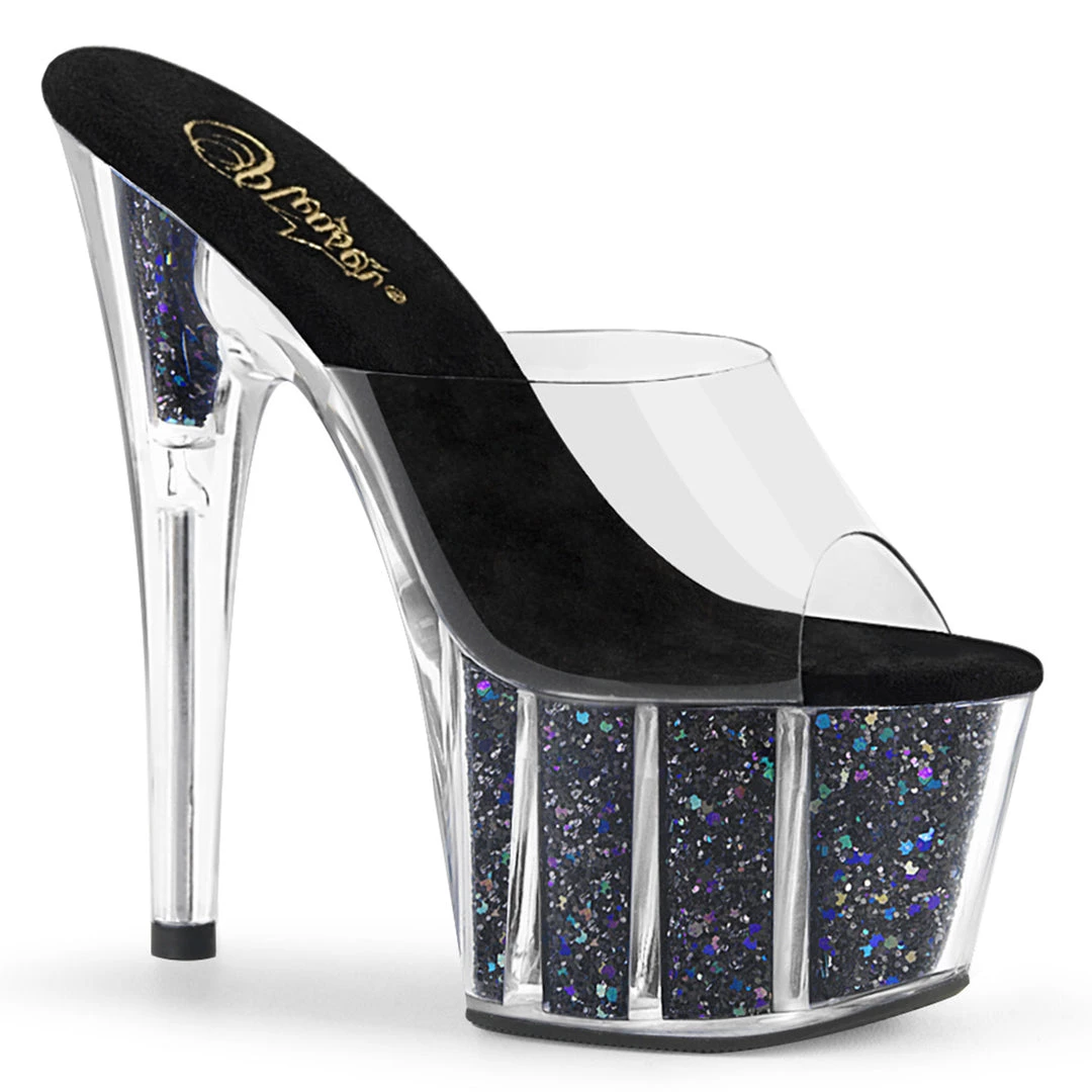 Pleaser 7" Heel Clear Black Platform Slide W/ Glitter Inserts* Shoes 4 Pleaser 7" Heel Clear Black Platform Slide W/ Glitter Inserts* Shoes