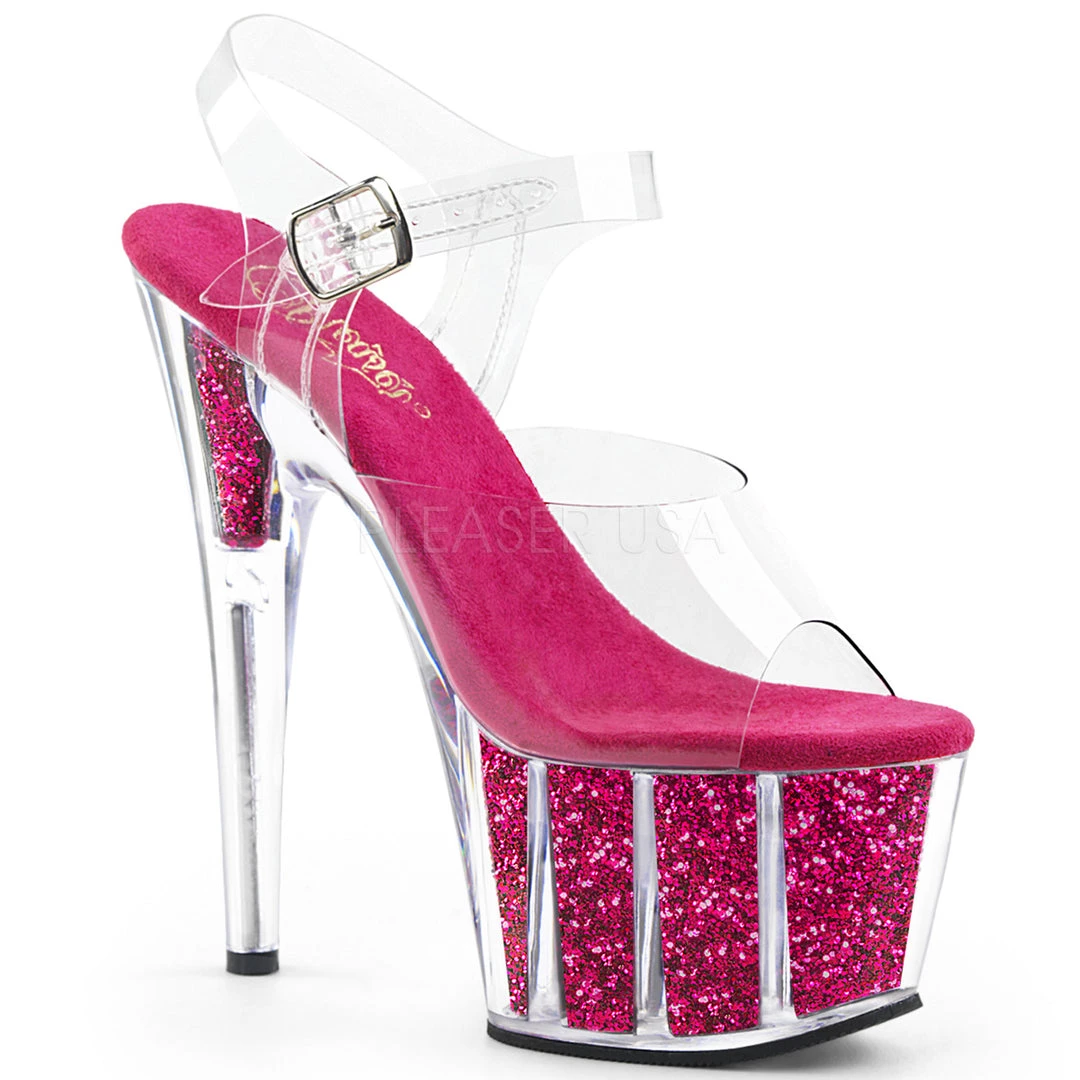 Pleaser Clear/Hot Pink 7" Glitter High Heels* Glow In The Dark & Neon 3 Pleaser Clear/Hot Pink 7" Glitter High Heels* Glow In The Dark & Neon