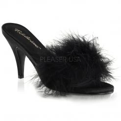 Fabulicious Black Satin-Fur Classic Marabou Slipper Shoes