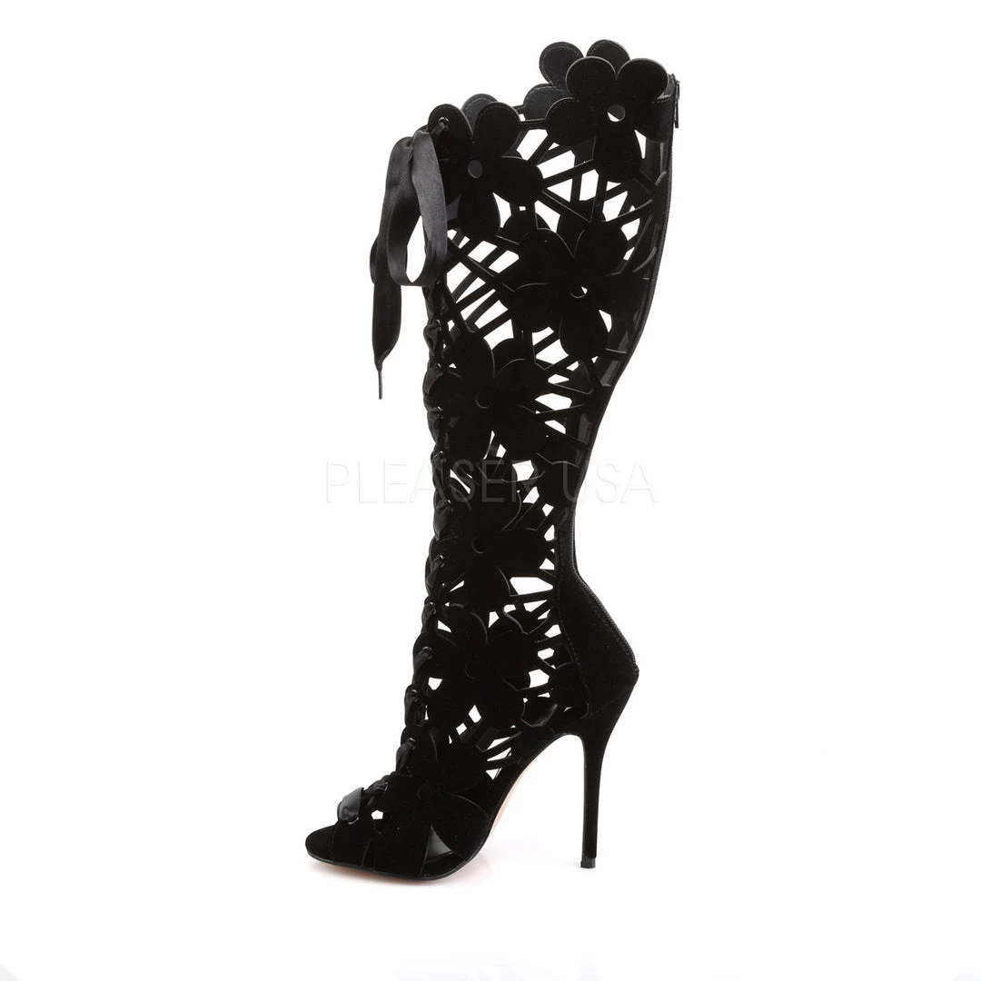 Fabulicious Black Velvet 5" Heel Open Toe Knee High Boots 4 Fabulicious Black Velvet 5" Heel Open Toe Knee High Boots