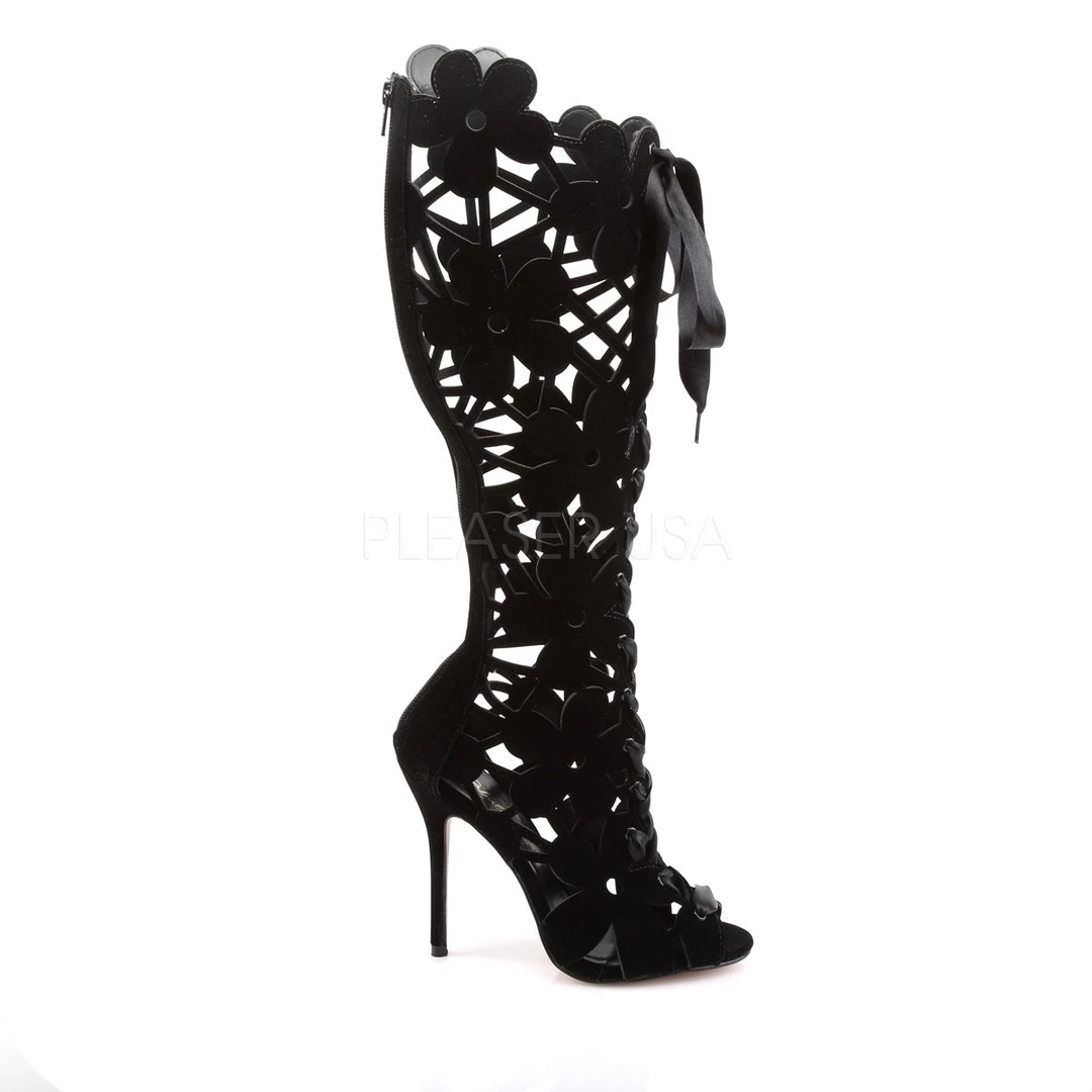 Fabulicious Black Velvet 5" Heel Open Toe Knee High Boots 6 Fabulicious Black Velvet 5" Heel Open Toe Knee High Boots