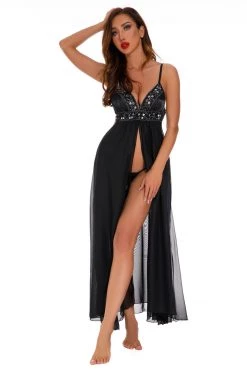 Coquette Lingerie Beaded Trim Sheer Gown