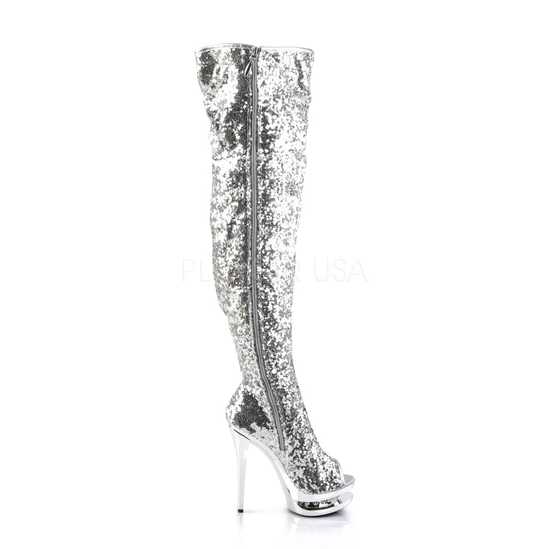 Pleaser 6" Heel Silver Dual Platform Open Toe Thigh Boots* Shoes 6 Pleaser 6" Heel Silver Dual Platform Open Toe Thigh Boots* Shoes