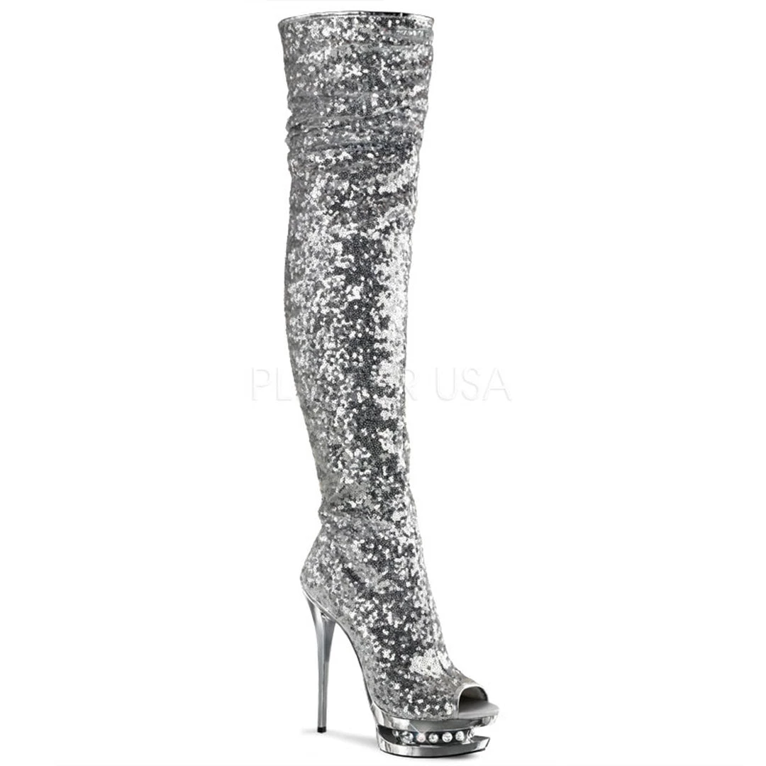 Pleaser 6" Heel Silver Dual Platform Open Toe Thigh Boots* Shoes 3 Pleaser 6" Heel Silver Dual Platform Open Toe Thigh Boots* Shoes
