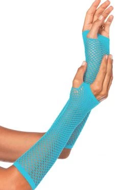BL Brands Glow In The Dark & Neon Long Neon Blue Fingerless Fishnet Gloves