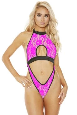 BodyShotz Dancewear Neon Pink Hibiscus Lace Bodysuit