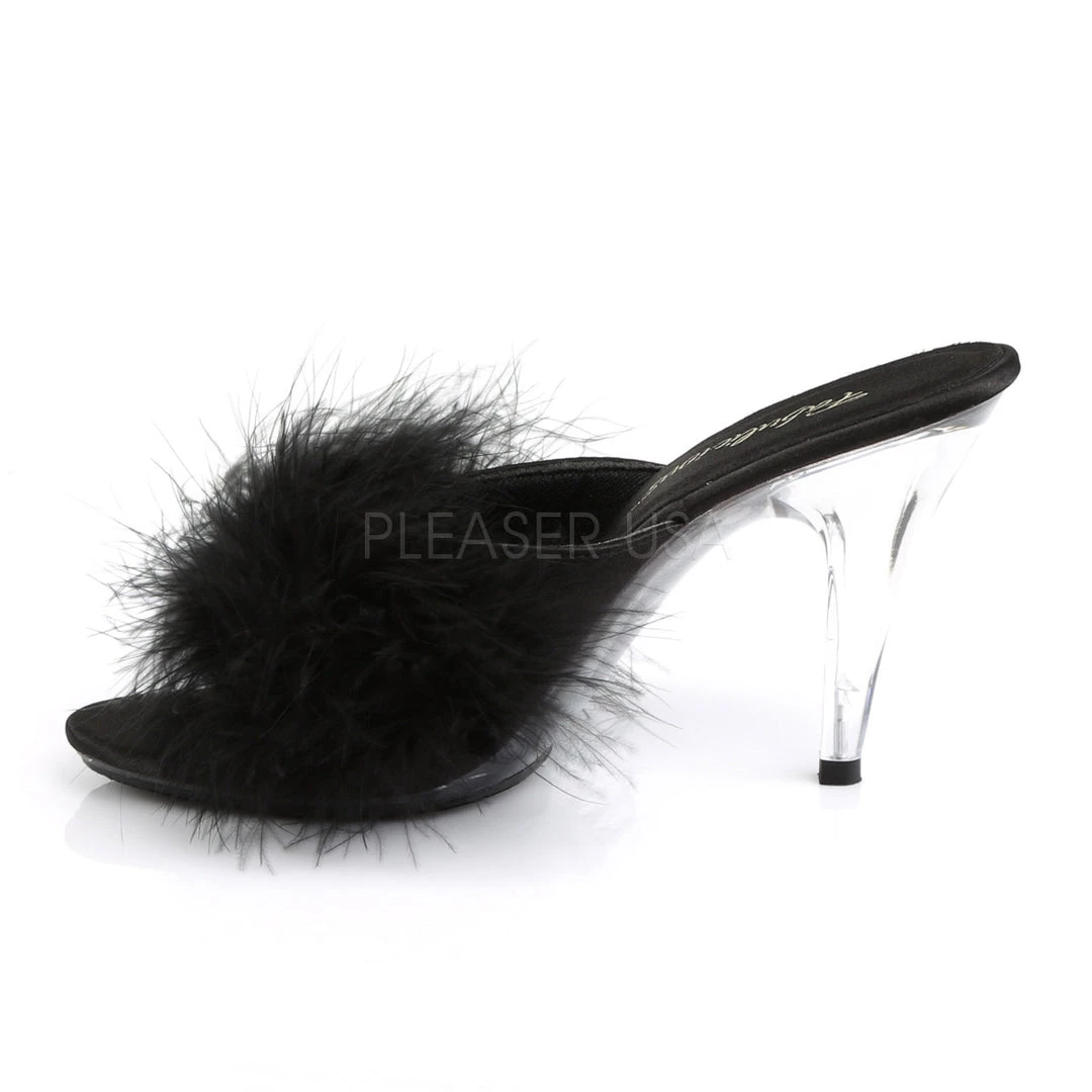 Fabulicious Black Satin-Fur 4" Heel Marabou Slide 4 Fabulicious Black Satin-Fur 4" Heel Marabou Slide