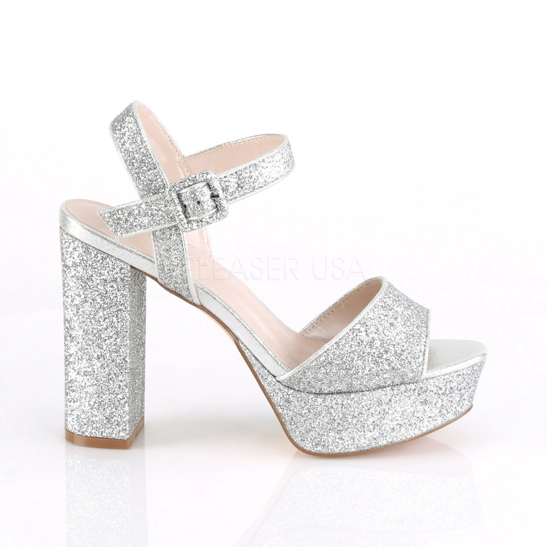 Fabulicious Shoes 4.5" Block Heel Silver Glitter Platform Ankle Strap Sandal 6 Fabulicious Shoes 4.5" Block Heel Silver Glitter Platform Ankle Strap Sandal