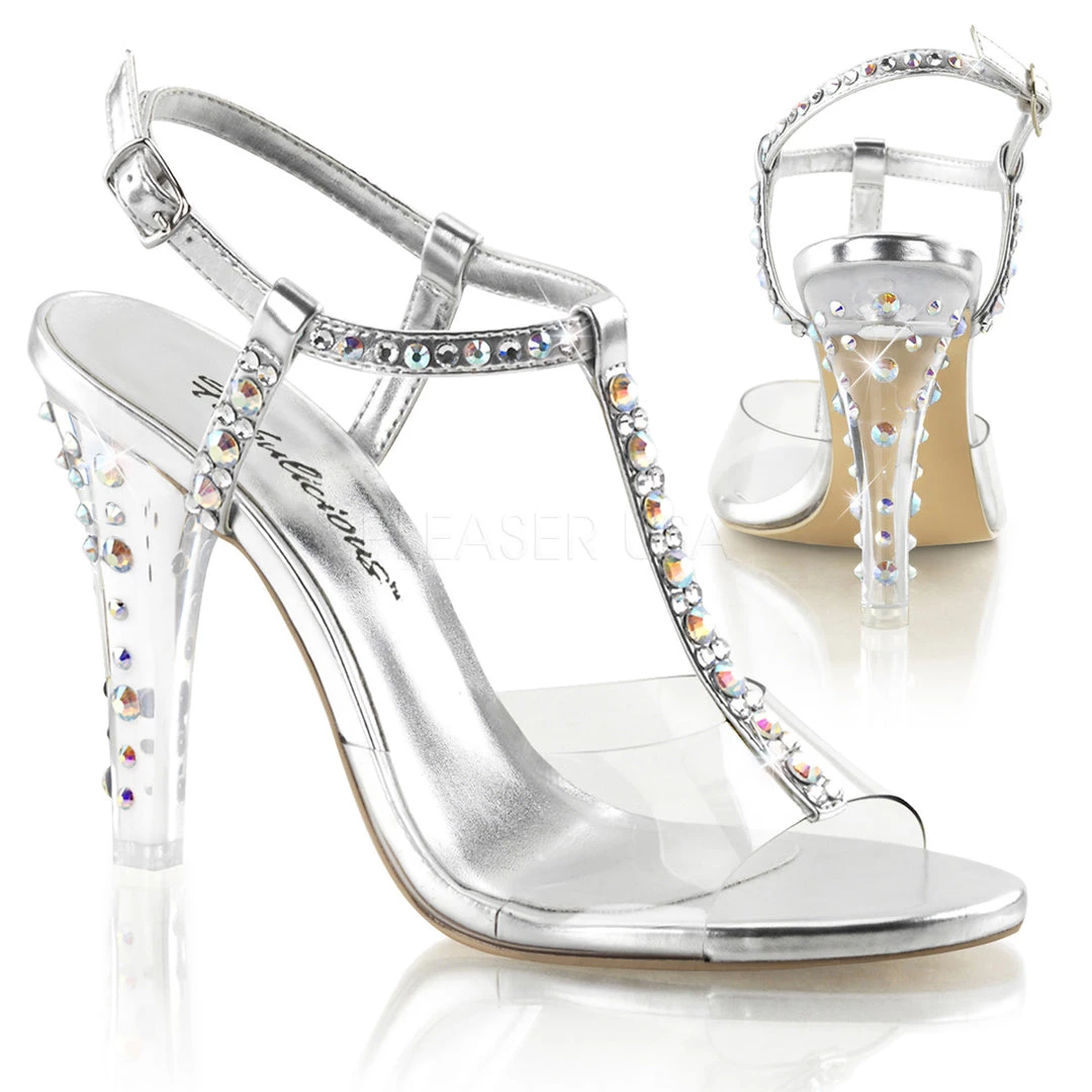 Fabulicious Shoes Clear/Silver Metallic 4.5" T-Strap Sling Back Sandal 3 Fabulicious Shoes Clear/Silver Metallic 4.5" T-Strap Sling Back Sandal