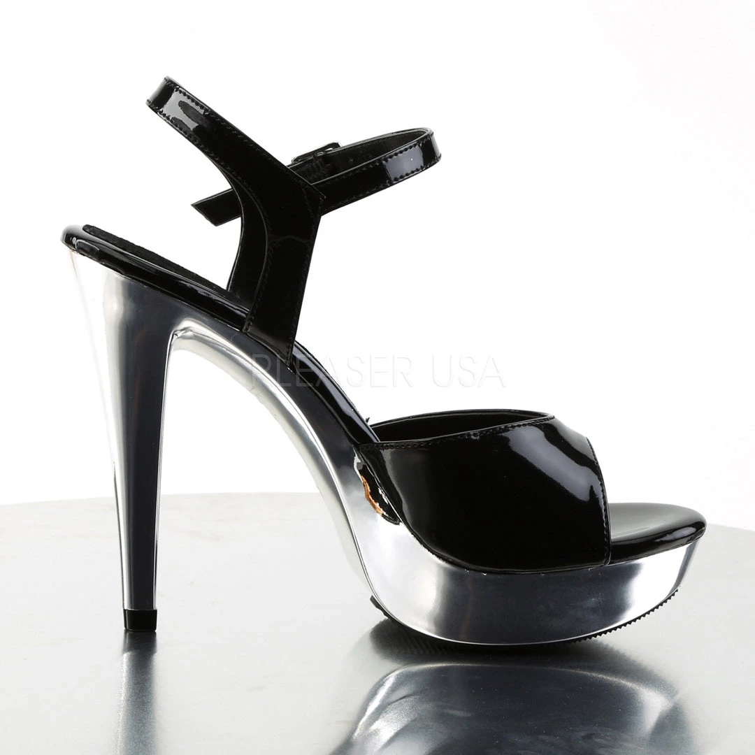 Fabulicious Black/Silver Chrome 5" Heel 1" Platform Ankle Strap Sandal Shoes 6 Fabulicious Black/Silver Chrome 5" Heel 1" Platform Ankle Strap Sandal Shoes