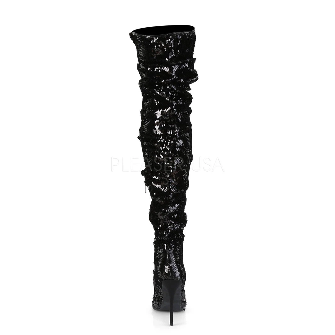 Pleaser 5" Heel Black Sequined Thigh High Boots* 5 Pleaser 5" Heel Black Sequined Thigh High Boots*