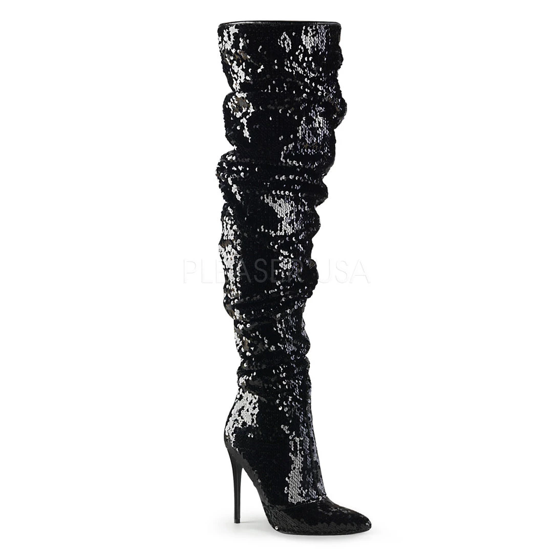 Pleaser 5" Heel Black Sequined Thigh High Boots* 3 Pleaser 5" Heel Black Sequined Thigh High Boots*
