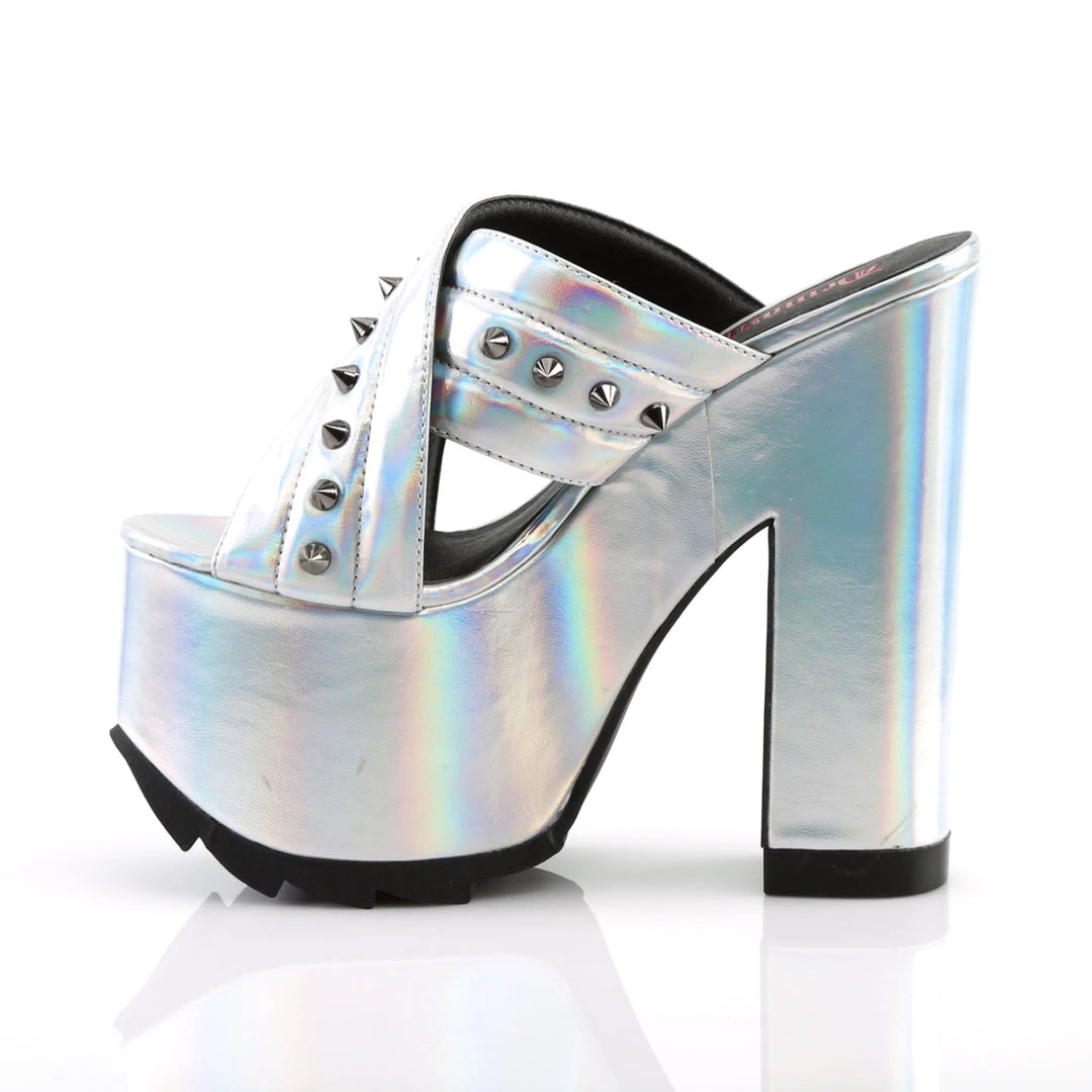 Demonia Shoes 6.5" Heel Silver Vegan Leather 3" Platform Sandals* 3 Demonia Shoes 6.5" Heel Silver Vegan Leather 3" Platform Sandals*