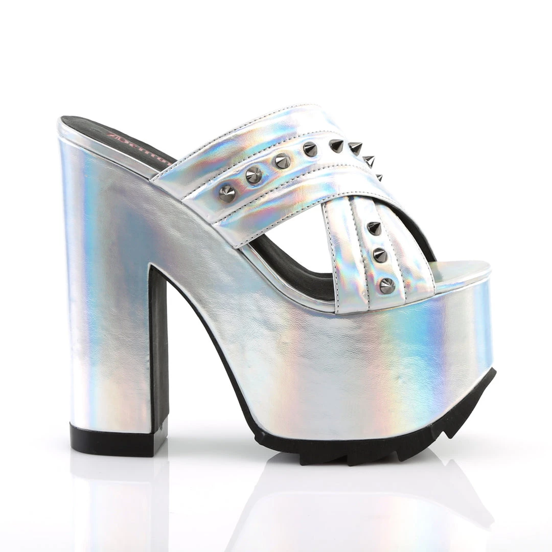 Demonia Shoes 6.5" Heel Silver Vegan Leather 3" Platform Sandals* 6 Demonia Shoes 6.5" Heel Silver Vegan Leather 3" Platform Sandals*