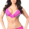 Daisy Corsets Swimwear Black & White Stripe Scrunch Bikini With Fuchsia Lace *