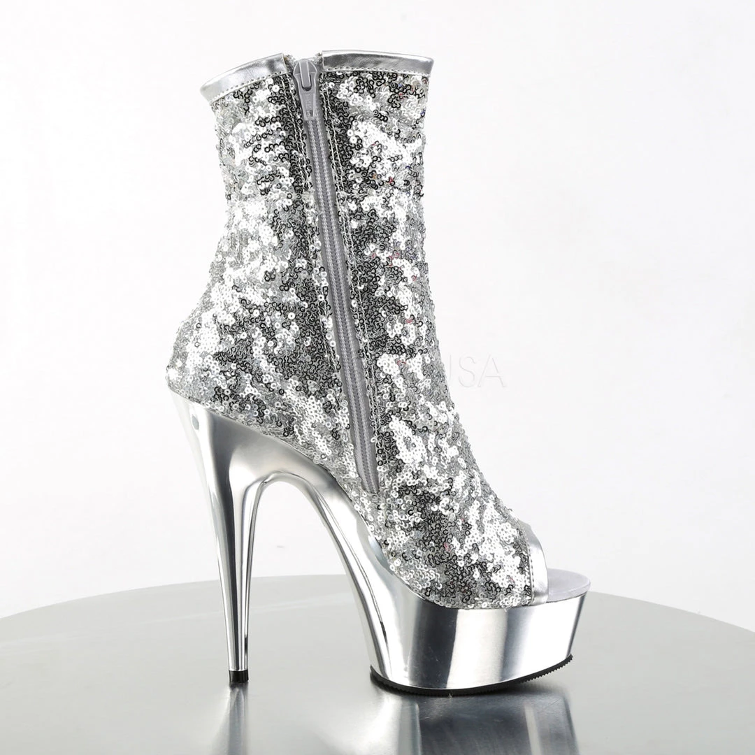 Pleaser 6" Heel Silver Sequin Peep Toe Ankle Boot* Shoes 6 Pleaser 6" Heel Silver Sequin Peep Toe Ankle Boot* Shoes