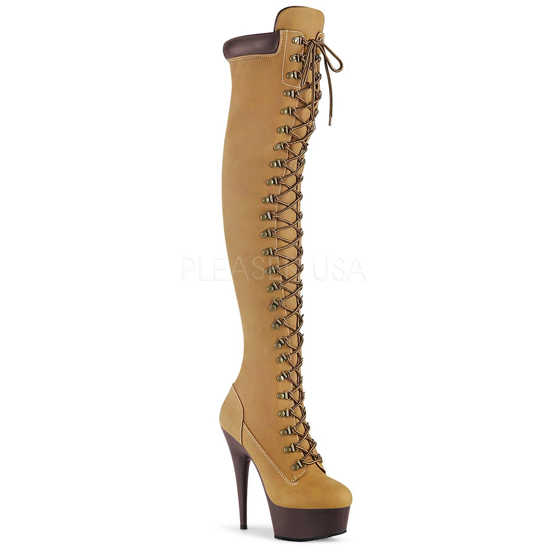 Pleaser 6" Heel Tan Platform Lace-Up Thigh High Boots* 3 Pleaser 6" Heel Tan Platform Lace-Up Thigh High Boots*
