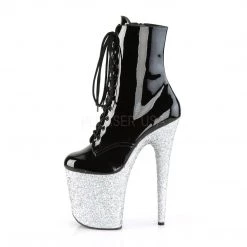 Pleaser Shoes 8" Heel Black/Silver Glitter Lace-Up Ankle Boot*