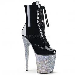 Pleaser Shoes 8" Heel Black/Silver Glitter Lace-Up Ankle Boot*