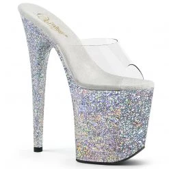 Pleaser 8" Heel, Clear/Silver Multi Glitter Platform Slide W/ Glitter Covered Bottom