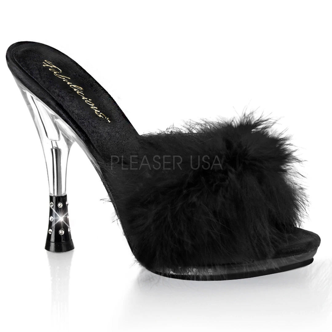 Fabulicious 4.75" Heel Black Satin Marabou Slipper Shoes 3 Fabulicious 4.75" Heel Black Satin Marabou Slipper Shoes
