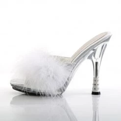 Fabulicious 4.75" Heel White Satin-Fur Cone Heel Marabou Slipper Shoes