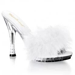 Fabulicious 4.75" Heel White Satin-Fur Cone Heel Marabou Slipper Shoes