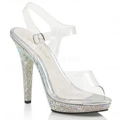 Fabulicious 5" Heel Clear/Silver Platform Ankle Strap Sandal W/ Rhinestones