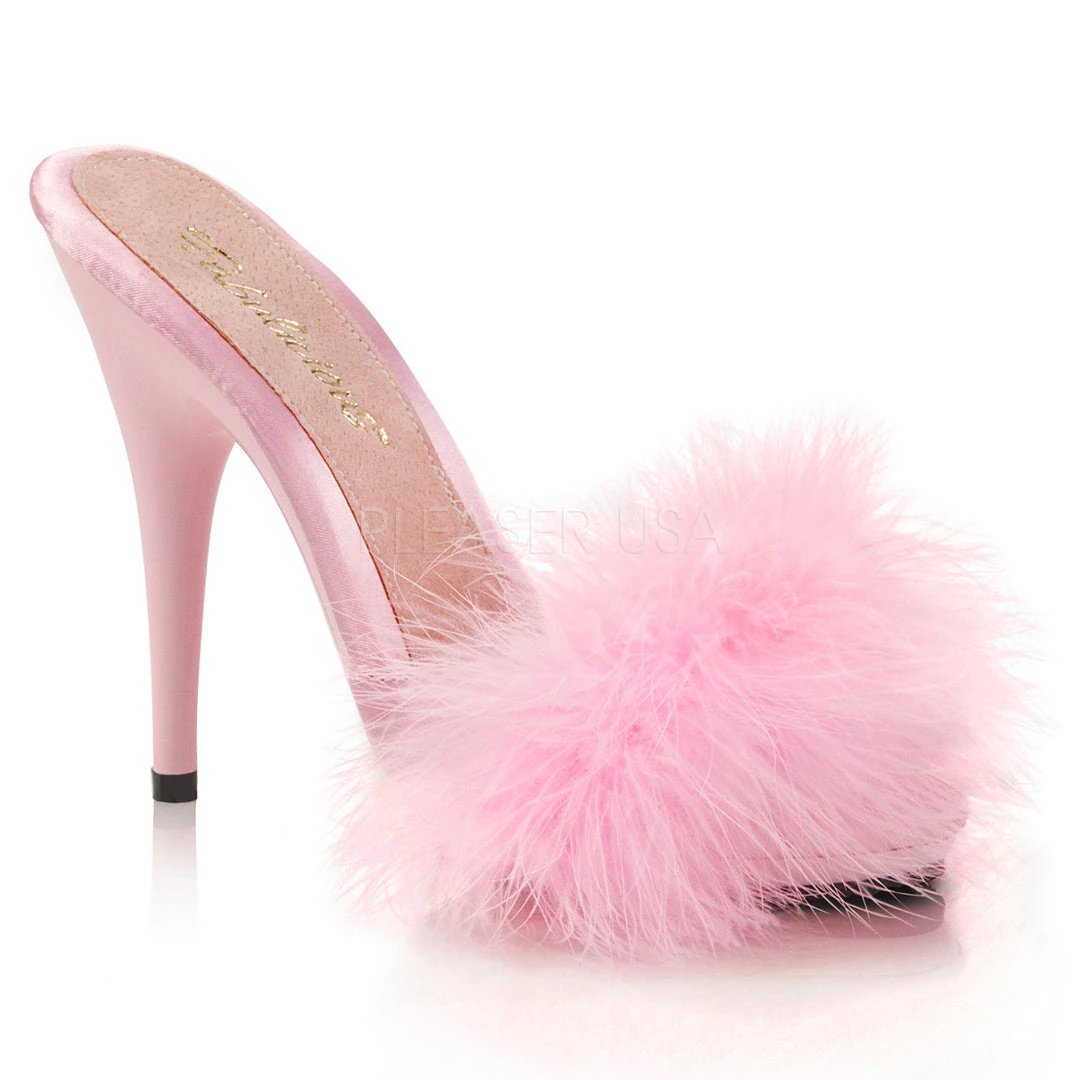 Fabulicious 5" Heel Baby Pink Satin-Marabou Fur Slide Sandal Shoes 3 Fabulicious 5" Heel Baby Pink Satin-Marabou Fur Slide Sandal Shoes