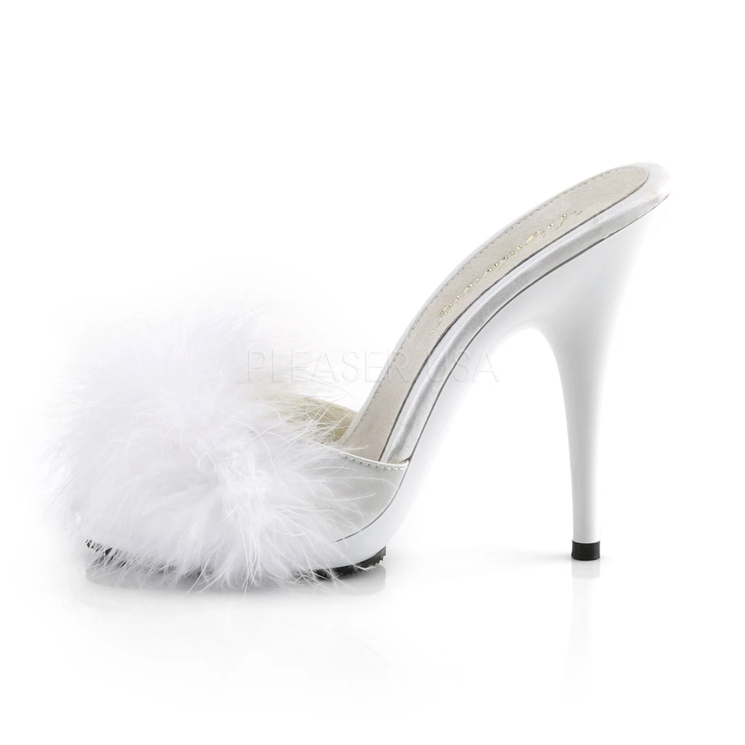 Fabulicious 5" Heel White Satin-Fur Platform Slide Sandal Shoes 4 Fabulicious 5" Heel White Satin-Fur Platform Slide Sandal Shoes