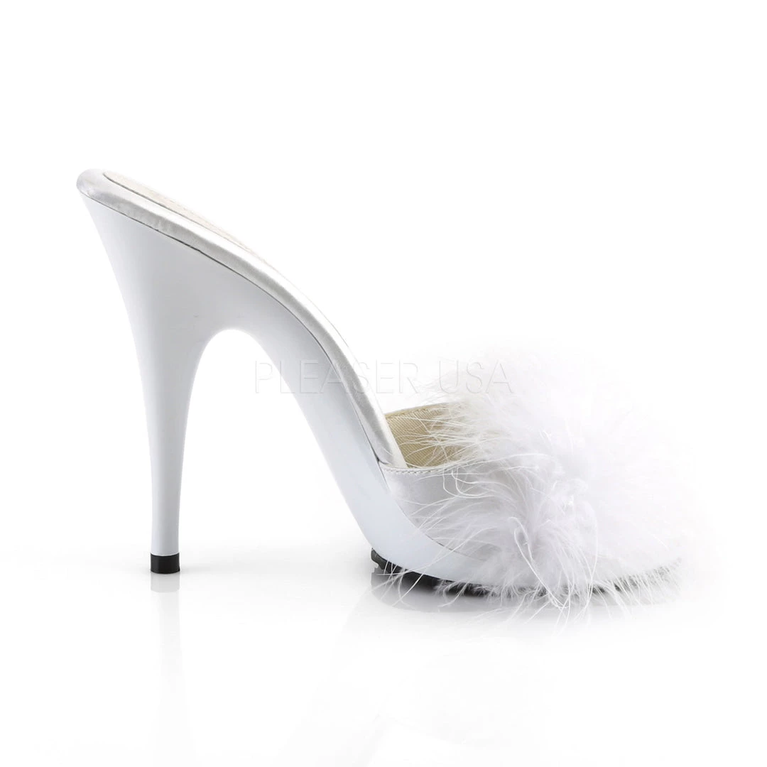 Fabulicious 5" Heel White Satin-Fur Platform Slide Sandal Shoes 6 Fabulicious 5" Heel White Satin-Fur Platform Slide Sandal Shoes