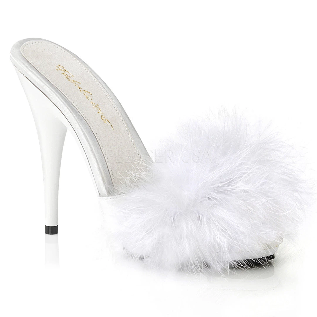 Fabulicious 5" Heel White Satin-Fur Platform Slide Sandal Shoes 3 Fabulicious 5" Heel White Satin-Fur Platform Slide Sandal Shoes
