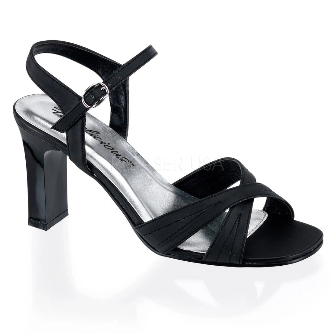 Fabulicious 3" Square Heel Black Satin Ankle Strap Sandal Shoes 3 Fabulicious 3" Square Heel Black Satin Ankle Strap Sandal Shoes