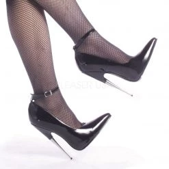 Devious Shoes 6" Black Ankle Strap Spike Steel Heel Pump*