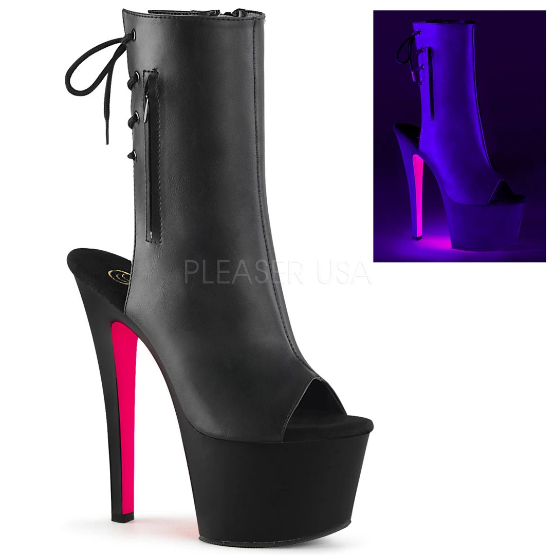 Pleaser Glow In The Dark & Neon 7" Heel Black/Hot Pink Open Toe Ankle Booties* 3 Pleaser Glow In The Dark & Neon 7" Heel Black/Hot Pink Open Toe Ankle Booties*