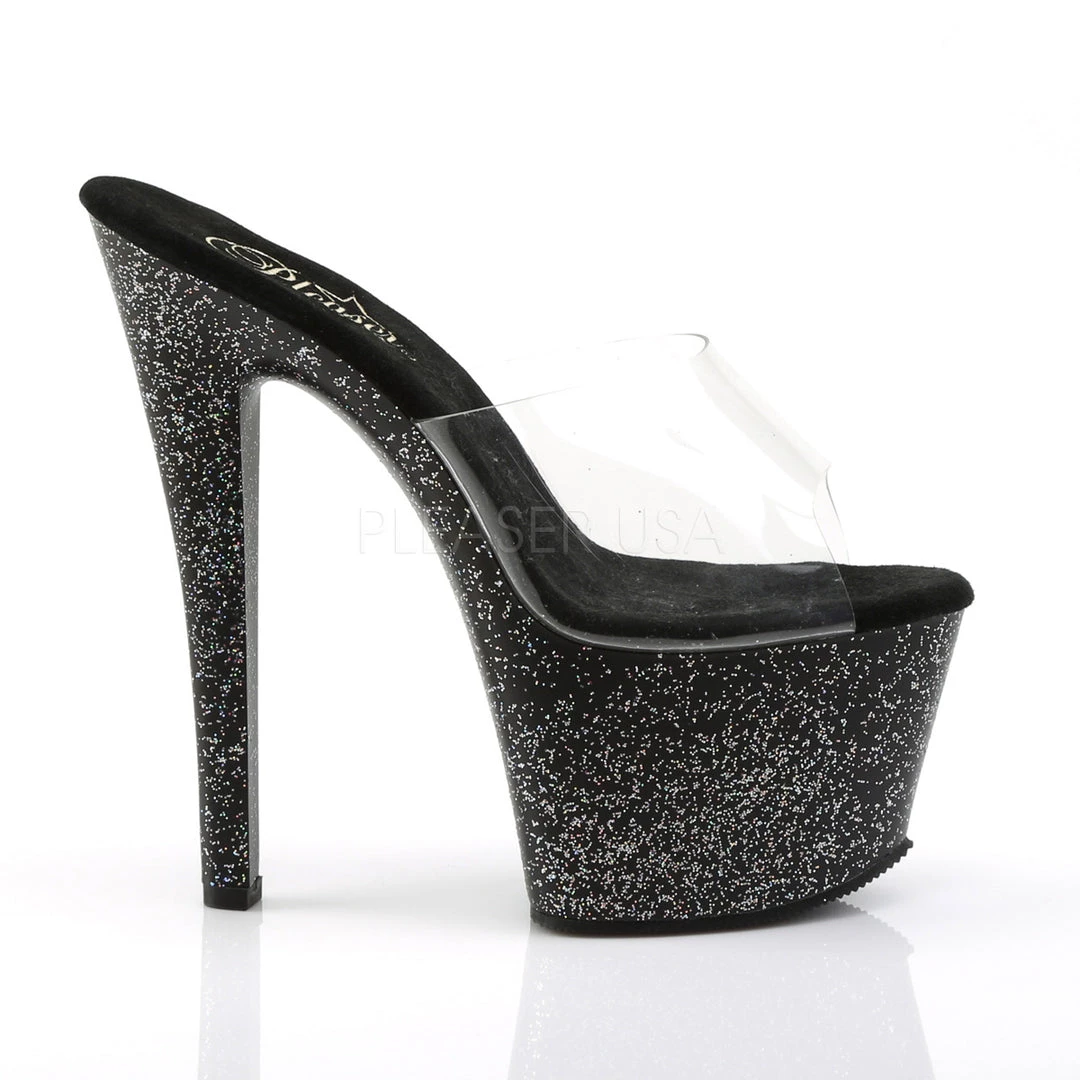 Pleaser 7" Clear/Black Glitter High Heels Shoes 6 Pleaser 7" Clear/Black Glitter High Heels Shoes